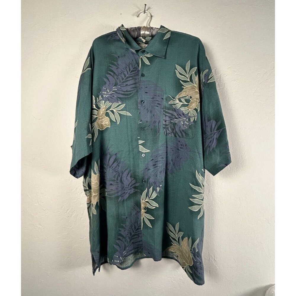 Bobby Chan Mens Silk Hawaiian Shirt XXL Green Leaf Print Button Up Shirt Sleeve